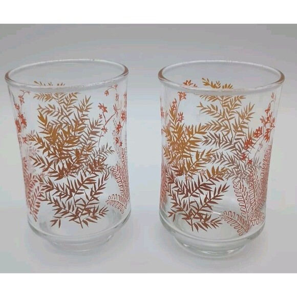 VTG Libbey Juice Glass 3.75" Embossed Orange Brown Fern Leaves Set Of 2 - Picture 1 of 4